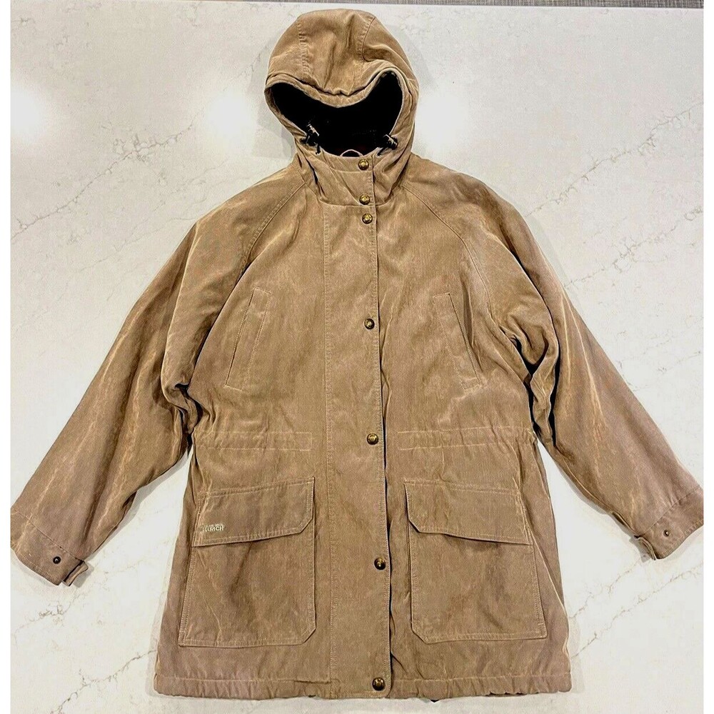 Woolrich VTG John Rich Womens Sz L Parka Coat‎ Tan Red Wool Plaid Lining Hooded